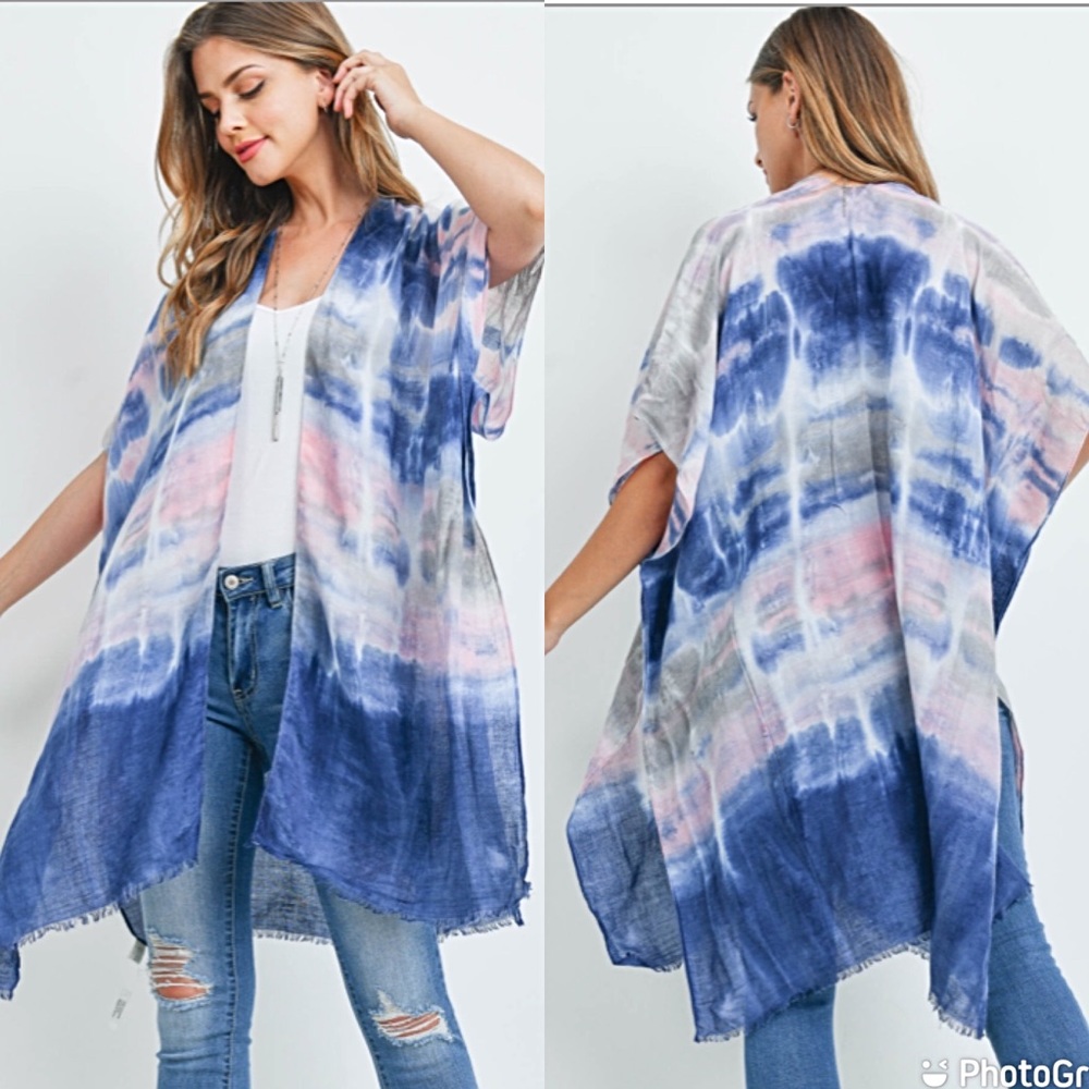 Boho Tie Dye Swim Coverup Kimono Wrap O/S - Picture 4 of 5